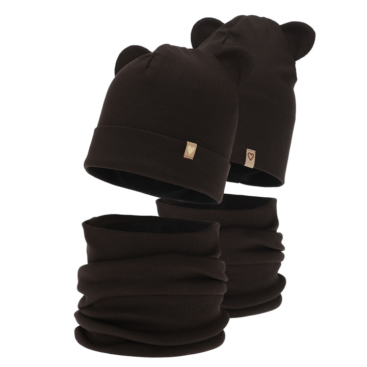 Girl's spring, autumn set: hat and tube scarf, dark brown, cotton, Luminia