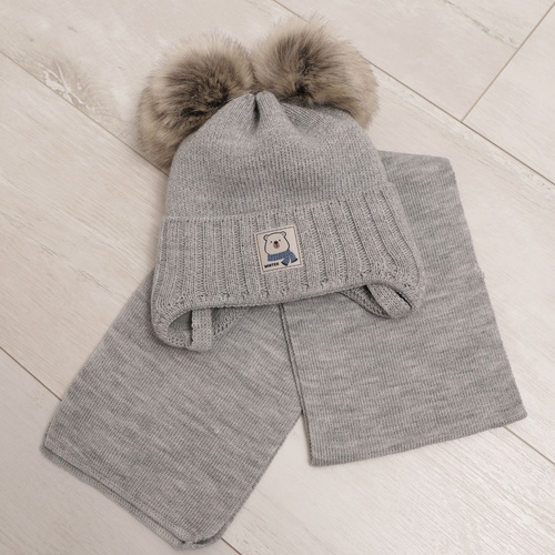 Boy' s winter set: hat and scarf camel with two pompoms Jewel