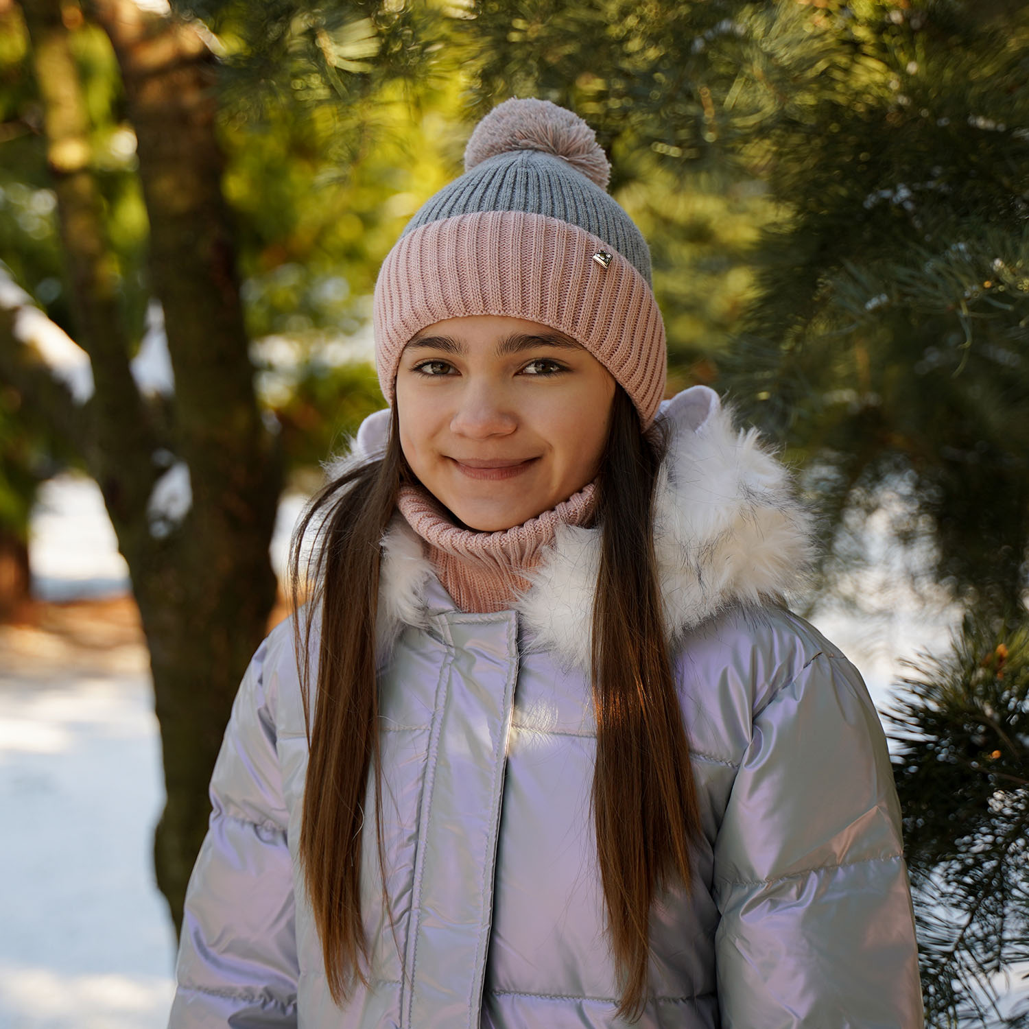 Girl's winter set: hat and tube scarf grey Kolumbina with pompom