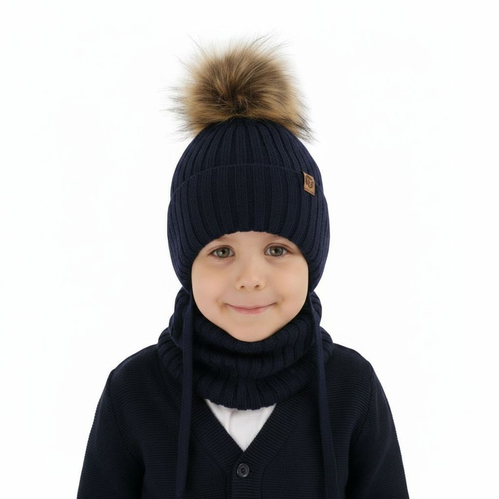 Boy's winter set: hat and tube scarf, navy blue, 100% extra fine merino wool Juno