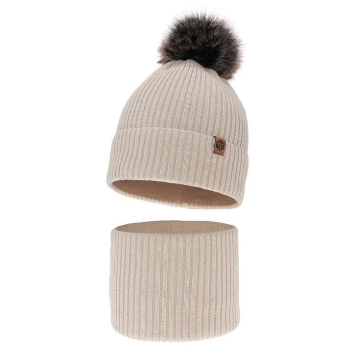 Boy's winter set: hat and tube scarf beige with pompom Wizar