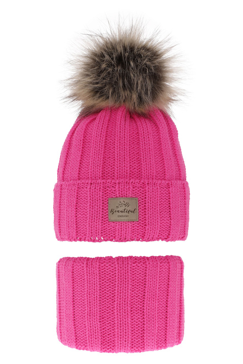 Girl's winter set: hat and tube scarf pink with pompom Kalope