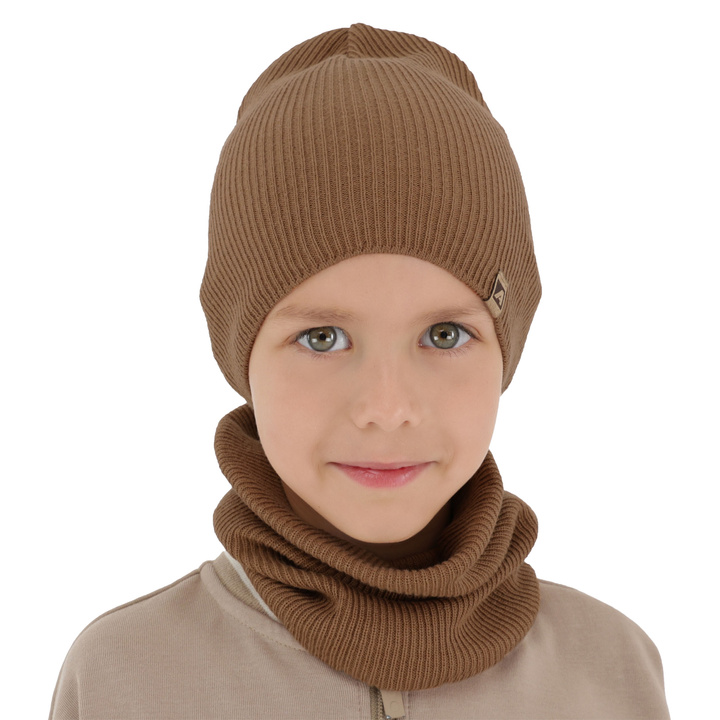 Boy's spring, autumn set: hat and tube scarf, with cotton, camel, Lucer