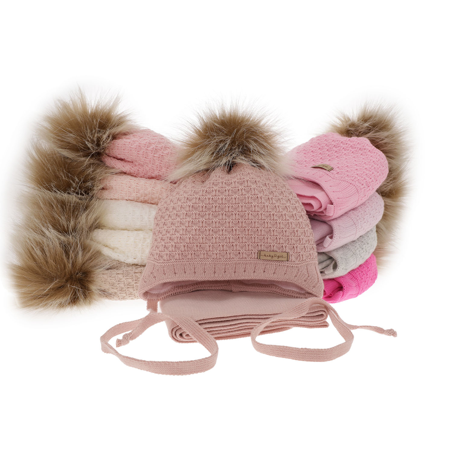 Girls winter set hat and scarf beige with pompom Clotilde
