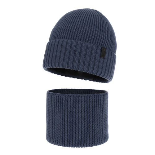 Boy's winter set: hat and tube scarf, 100% merino wool, with merino wool lining, blue Harbin