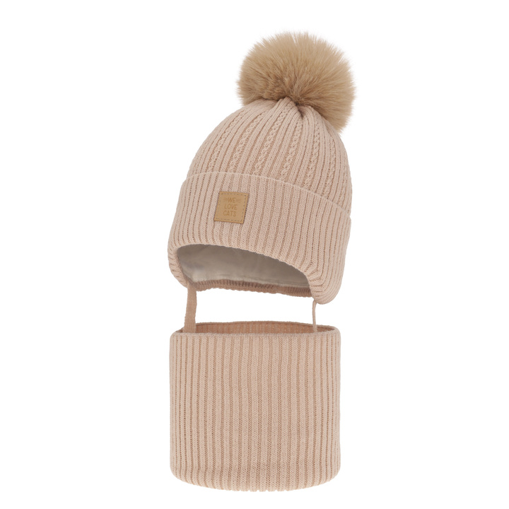 Girl's winter set: hat and tube scarf beige with pompom Betty