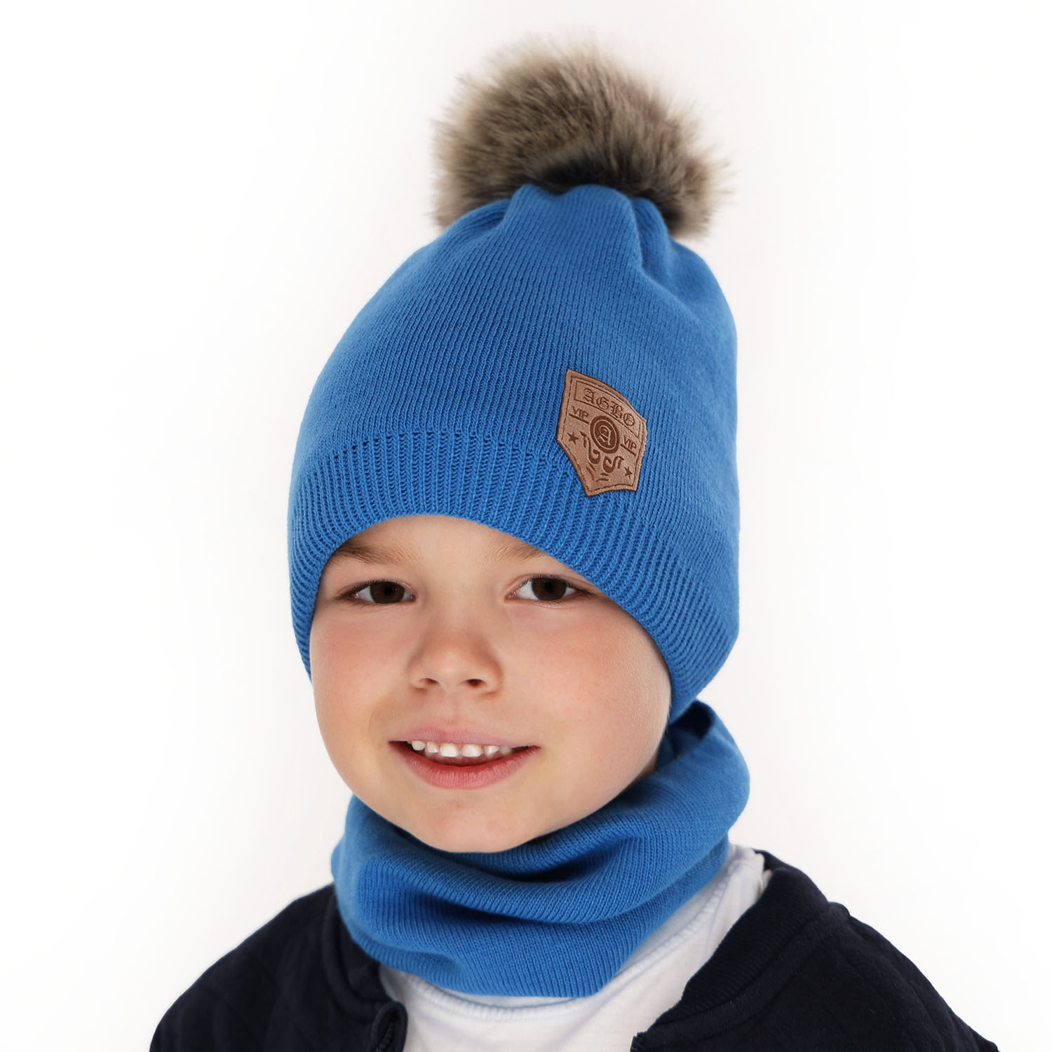 Boy's winter set: hat and tube scarf black Apolin with pompom