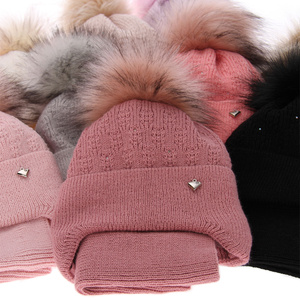 Girl's winter set: hat and tube scarf camel Kornela with pompom