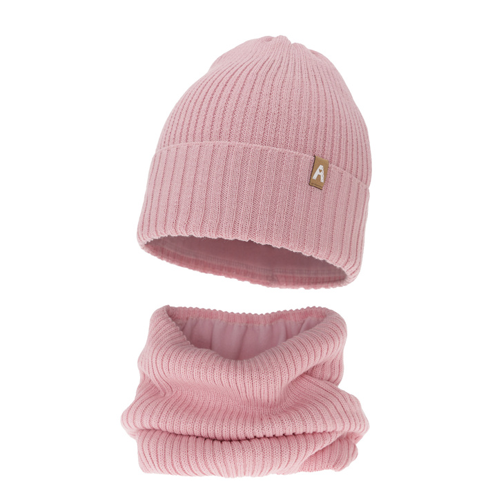 Girl's winter set: hat and tube scarf pink merino wool Peggy