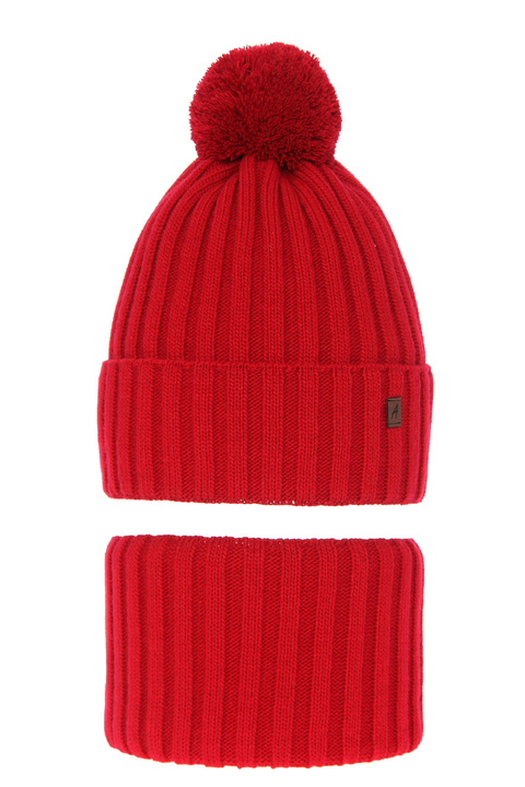 Boy's winter set: hat and tube scarf red Wiliam with pompom