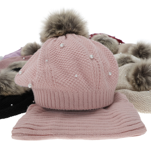 Girl's winter set: beret and tube scarf, cream, cotton lining, with pompom, Jeanette