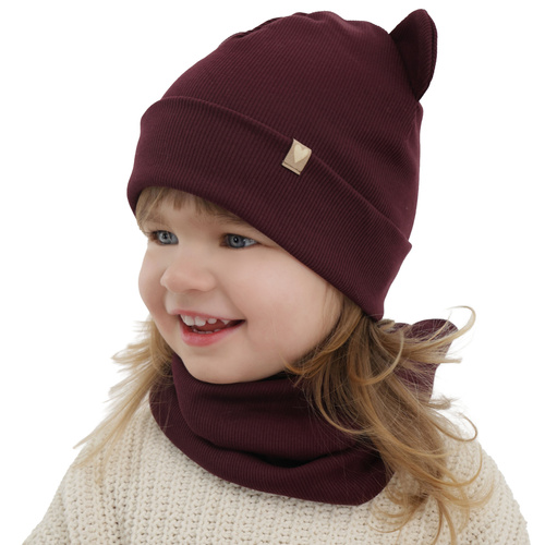 Girl's spring, autumn set: hat and tube scarf, burgundy, cotton, Luminia