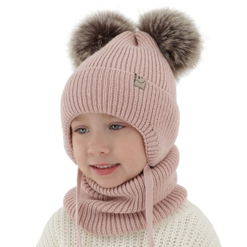 Girl's winter set: hat and tube scarf white with two pompom Zori