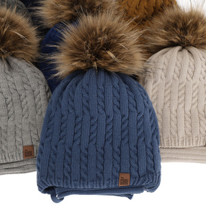 Boy's winter set: hat and tube scarf beige Indigo with pompom
