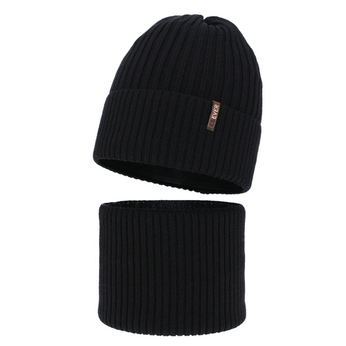 Boy's winter set: hat and tube scarf, black, 100% merino wool, Gizmo