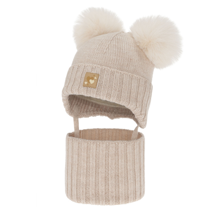 Girl's hat and tube scarf, winter set, beige, 100% merino wool, lined with wool fleece, Ronia