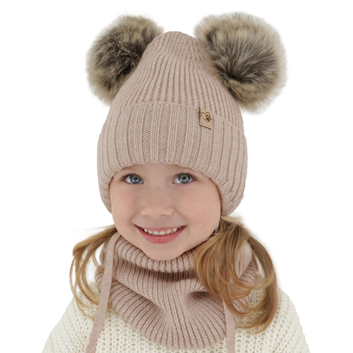 Girl's winter set: hat and tube scarf beige made of 100% extra fine merino wool Silvia