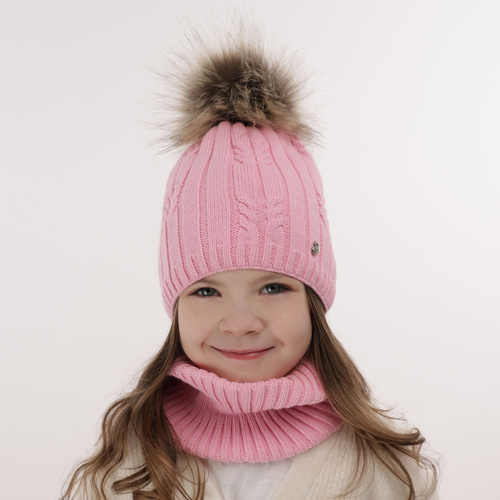 Girl's winter set: hat and tube scarf beige Amaltea with pompom
