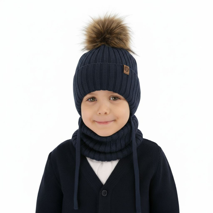 Boy's winter set: hat and tube scarf, blue, 100% extra fine merino wool Juno