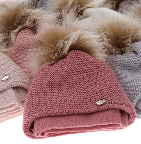 Girl's winter set: hat and scarf pink Aimi with pompom