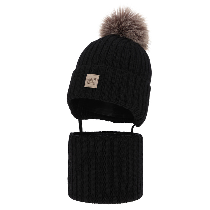 Boy's winter set: hat and tube scarf, black, 100% extra fine merino wooll, lined with wool fleece Morti