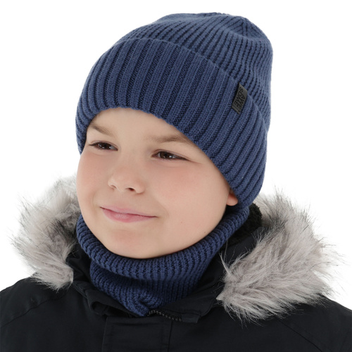 Boy's winter set: hat and tube scarf, 100% merino wool, with merino wool lining, blue Harbin