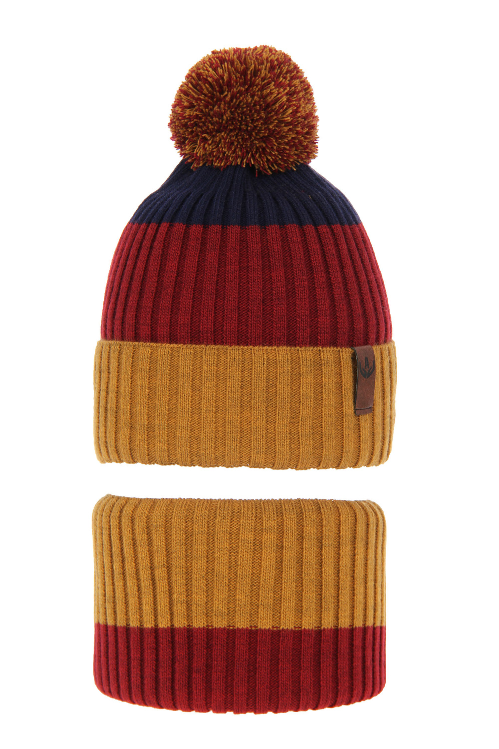 Boy's winter set: hat and tube scarf mustard Karson with pompom