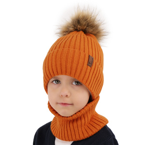 Boy's winter set: hat and tube scarf brown with pompom Onyks