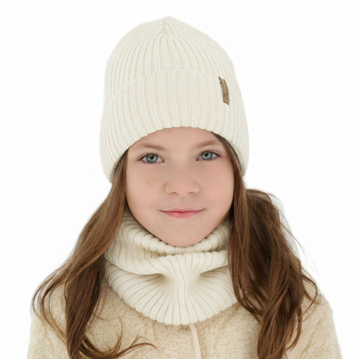 Hat and tube scarf lined with fleece for girl winter set, cream, with merino wool, Odette