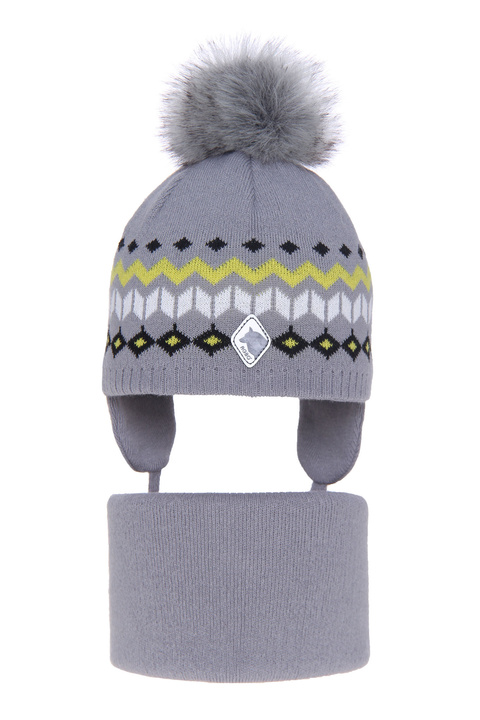 Boy's winter set: hat and tube scarf grey Tristan with pompom