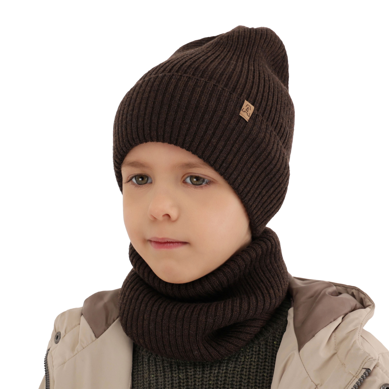 Boy's spring/ autumn set: hat and tube scarf camel 100% extra finemerino wool Lemas
