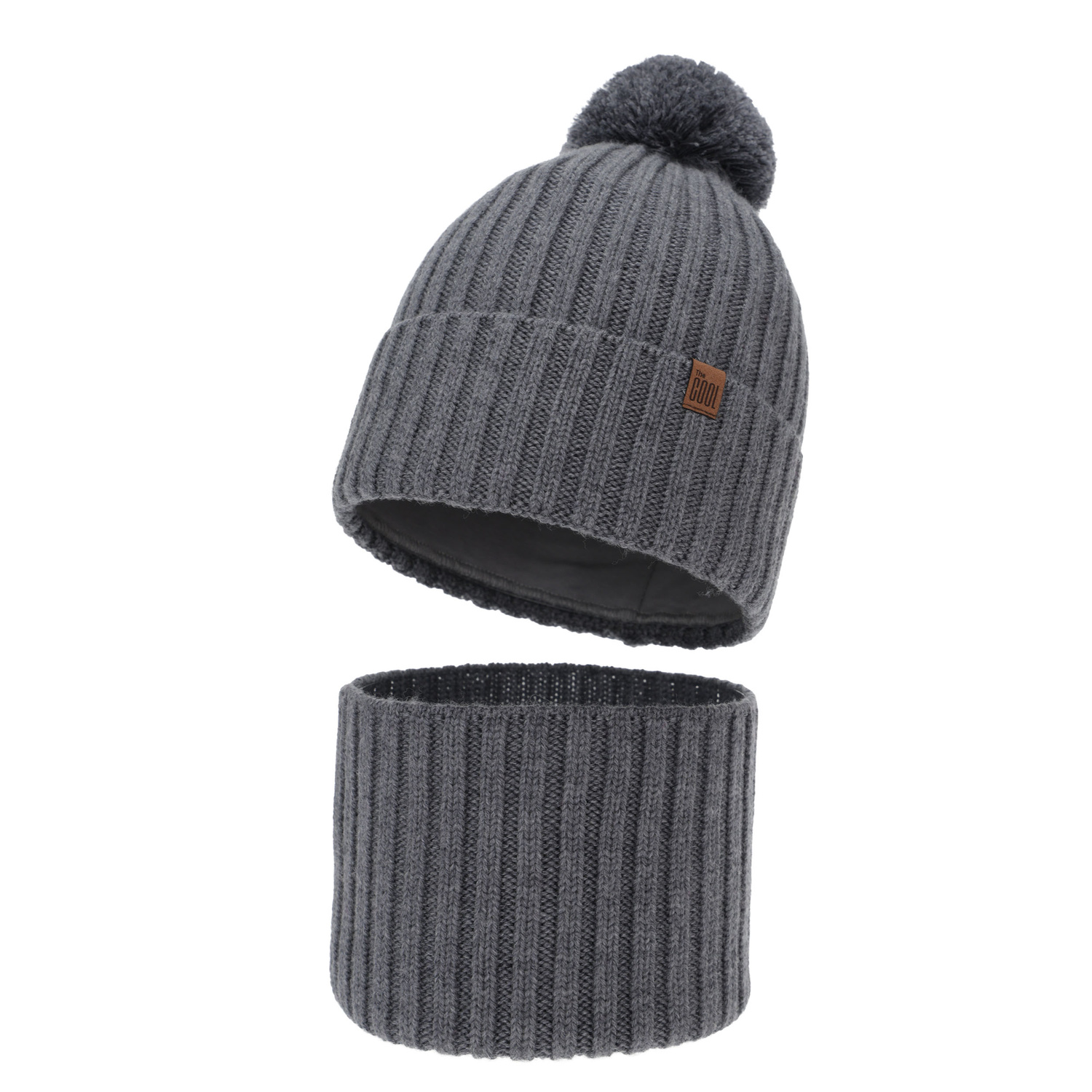 Boy's winter set: hat and tube scarf, gray, 100% merino wool, cotton lining, Tolmar