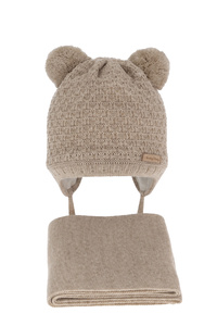 Boys winter set hat and scarf beige with two pompoms Franki