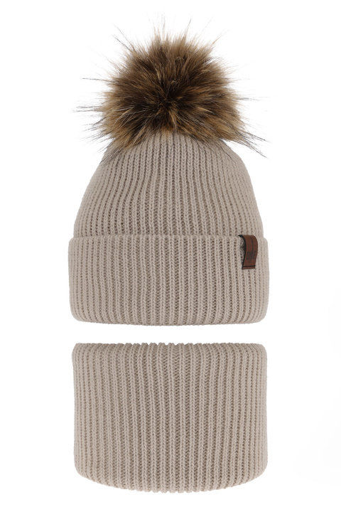 Boy's winter set: hat and tube scarf beige with pompom Modus