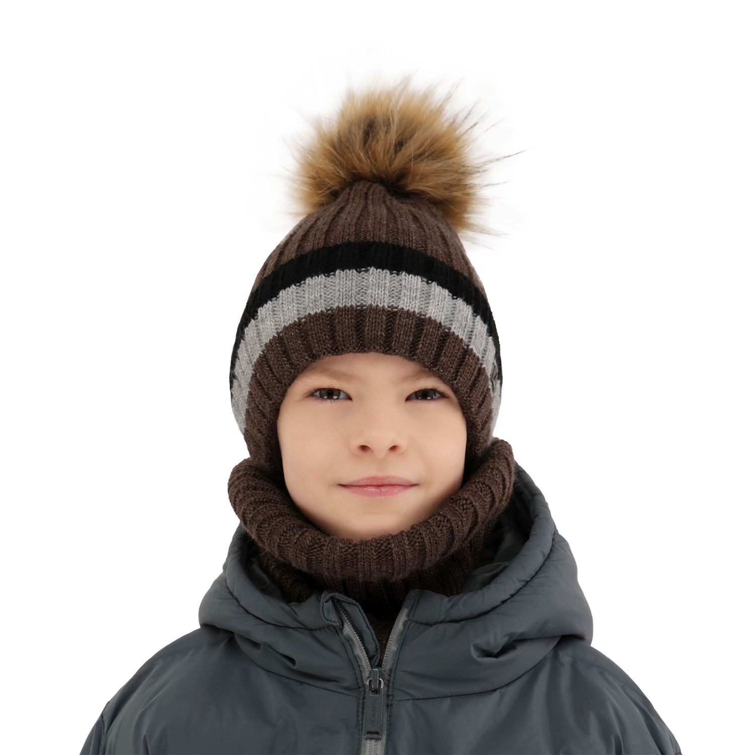 Boy's winter set: hat and tube scarf grey with pompom Beno