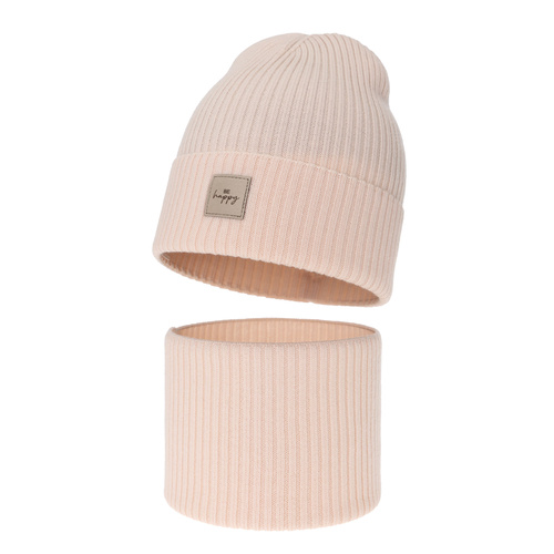 Girl spring, autumn set: hat and tube scarf, pink, 100% merino wool, Vanita