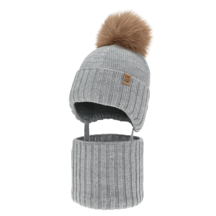 Boy's winter set: hat and tube scarf, grey, with pompom, Talens