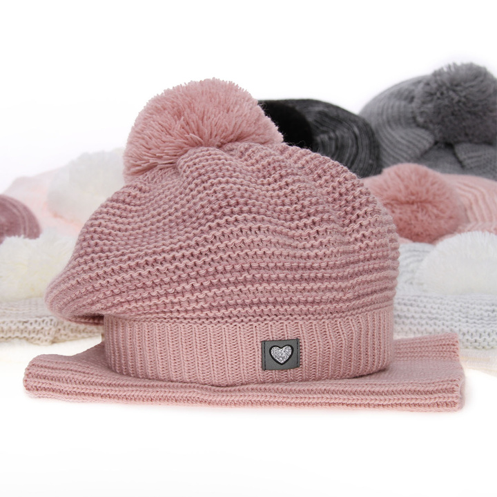 Girl's winter set: hat and tube scarf grey Lira with pompom