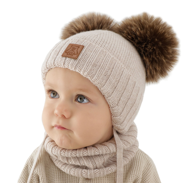 Boy's hat and snood, winter set, light beige, 100% merino wool, lined with wool fleece, Ronik