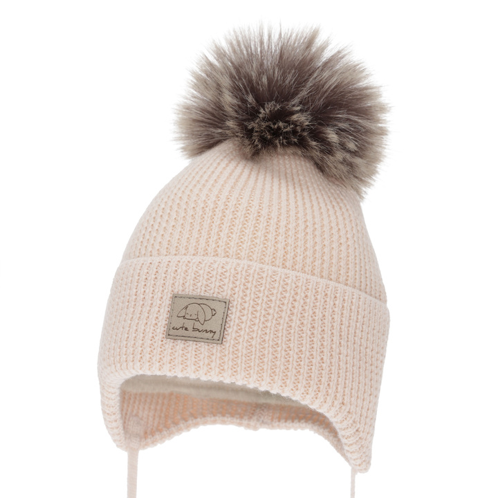 Girl's winter hat, apricot, with ears, 100% merino wool, Jena