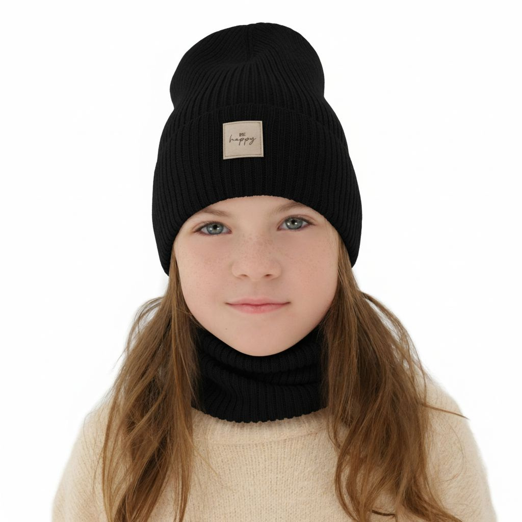 Girl spring, autumn set: hat and tube scarf, black, 100% merino wool, Vanita