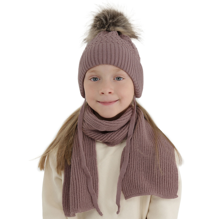 Girl's winter set: hat and scarf pink with pompom Zelta