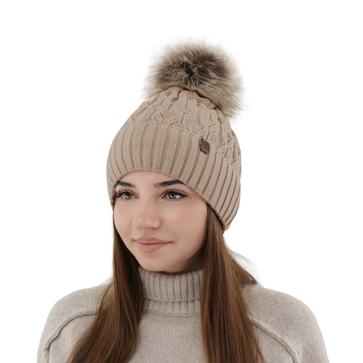 Woman's winter hat beige Katty with pompom
