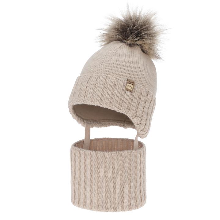 Girl's winter set: hat and tube scarf, beige, with pompom, Primula