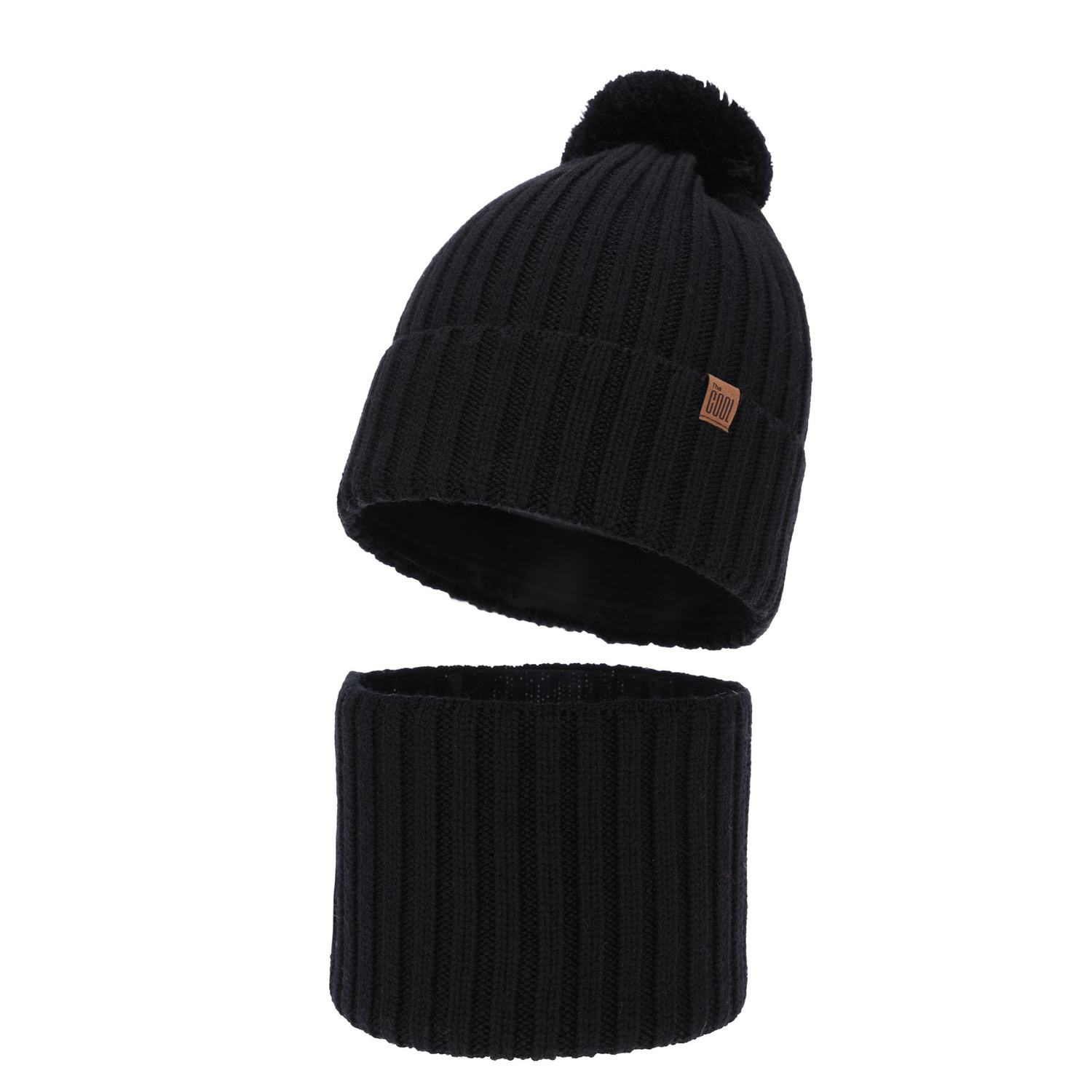 Boy's winter set: hat and tube scarf, black, 100% merino wool, cotton lining, Tolmar