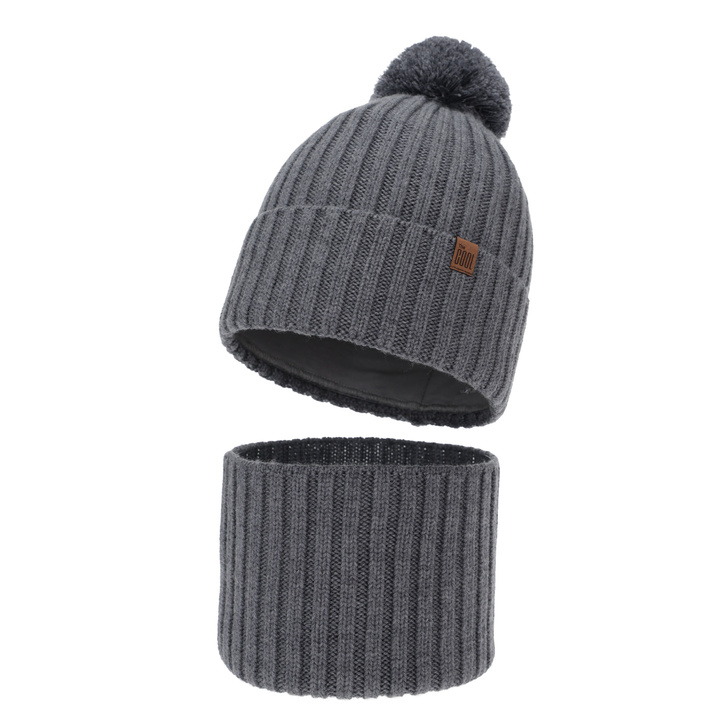 Boy's winter set: hat and tube scarf, gray, 100% merino wool, cotton lining, Tolmar