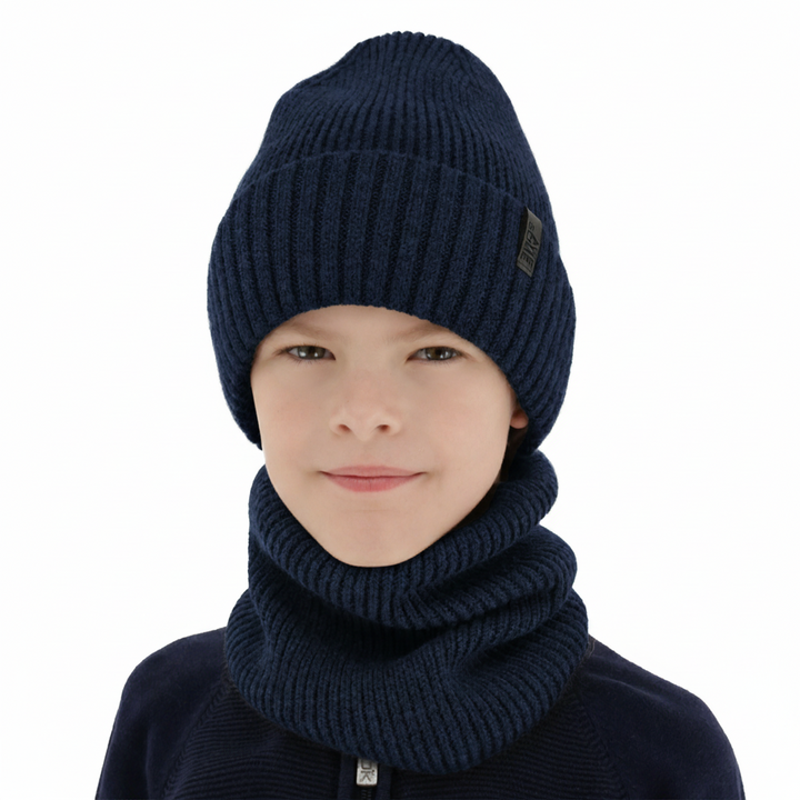 Boy's winter set: hat and tube scarf, 100% merino wool, with merino wool lining, navy blue Harbin