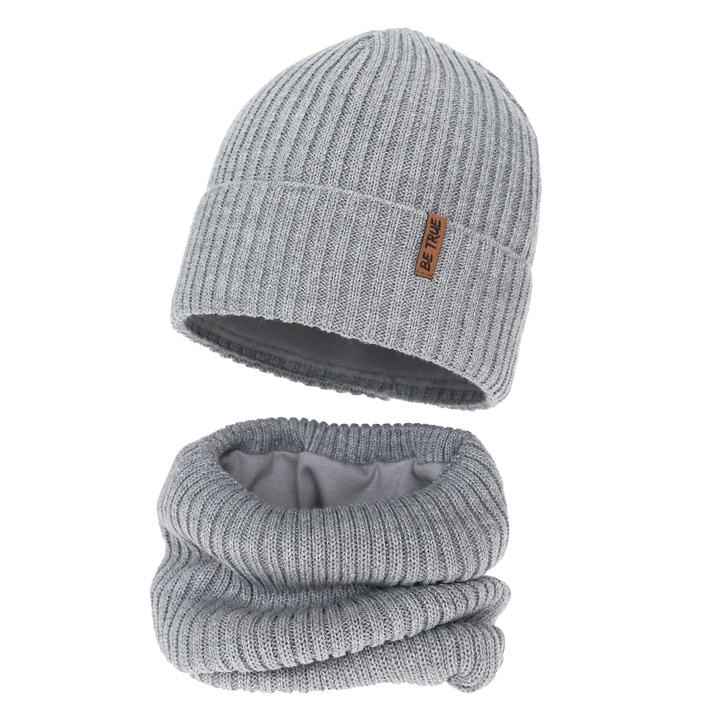 Hat and tube scarf lined with fleece for boy winter set, blue, with merino wool, Colton