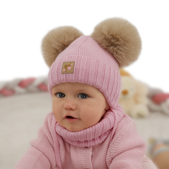Girl's hat and tube scarf, winter set, pink, 100% merino wool, lined with wool fleece, Ronia