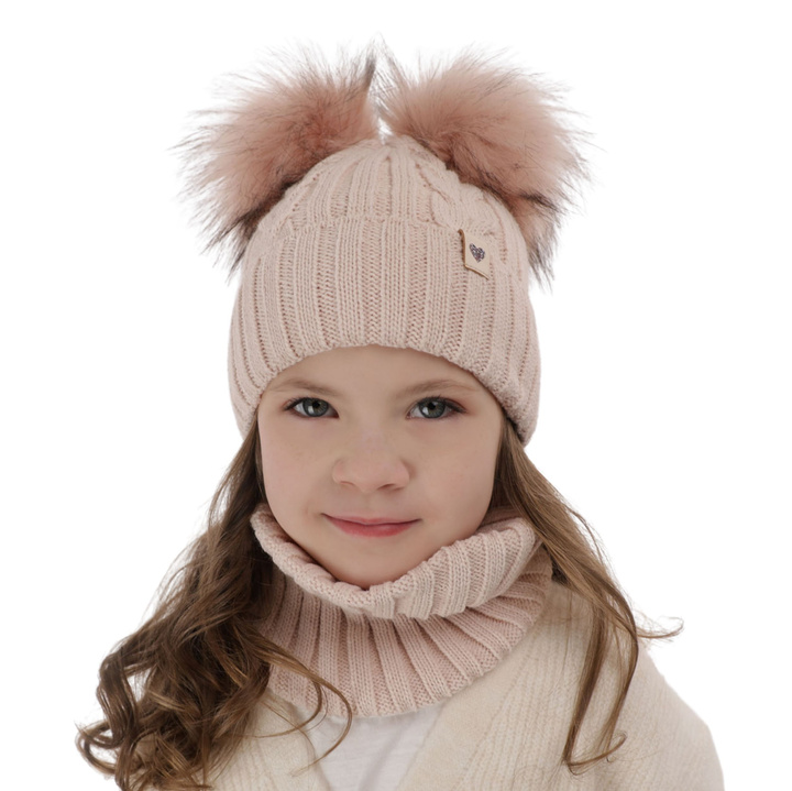 Girl's winter set: hat and tube scarf pink with two pompoms Amala